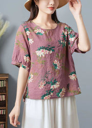 Pink Print Patchwork Cotton T Shirt Top O Neck Wrinkled Summer