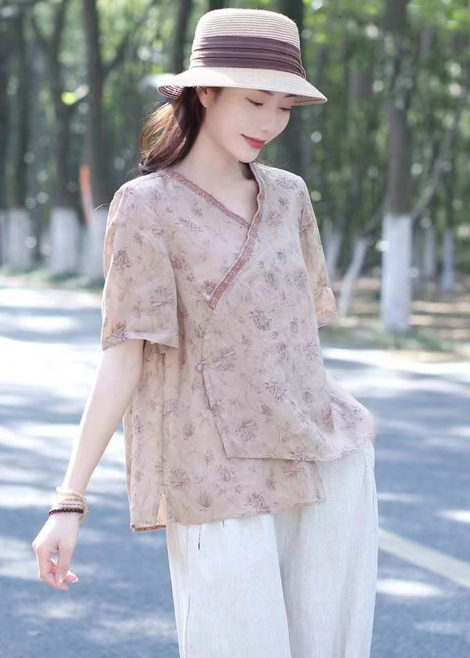 Pink Print Patchwork Linen Shirt Top V Neck Lace Up Summer