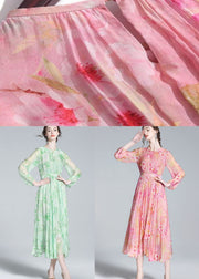 Pink Print Patchwork Silk Dresses O Neck Wrinkled Summer