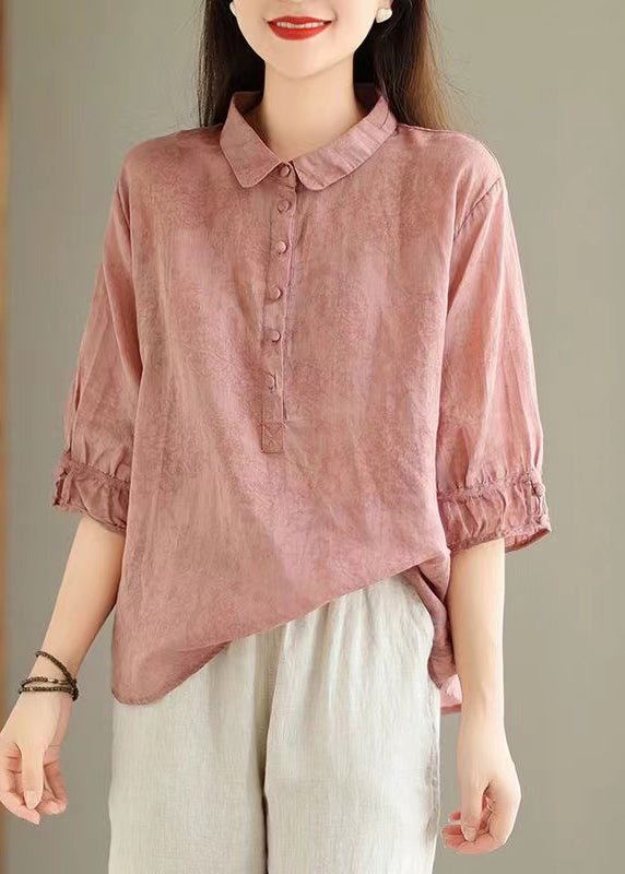 Pink Print Solid Linen Top Button Half Sleeve