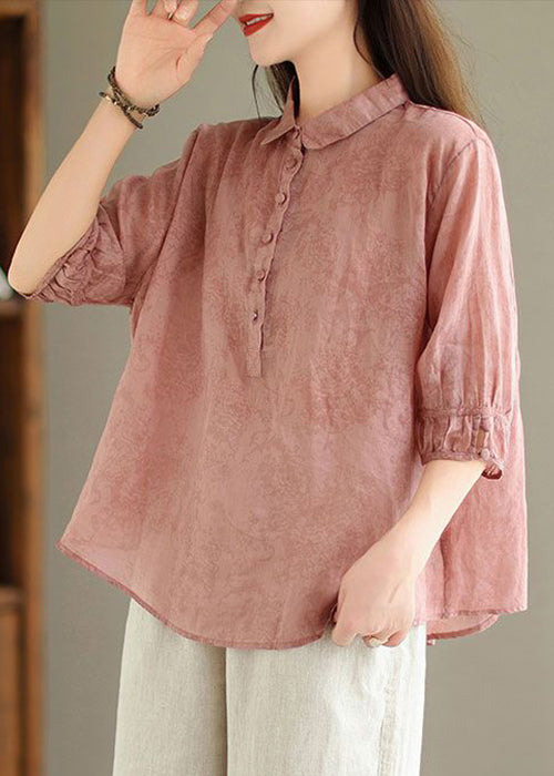Pink Print Solid Linen Top Button Half Sleeve