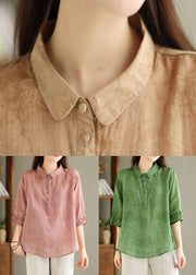 Pink Print Solid Linen Top Button Half Sleeve