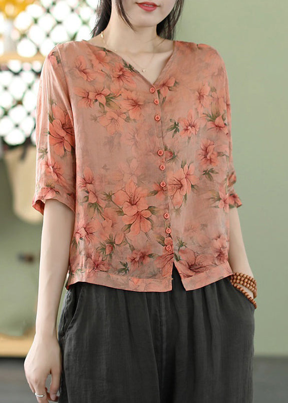 Pink Print Thin Cotton Shirt V Neck Summer