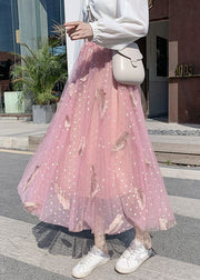 Pink Ruffled Patchwork Tulle Skirt Embroidered Summer