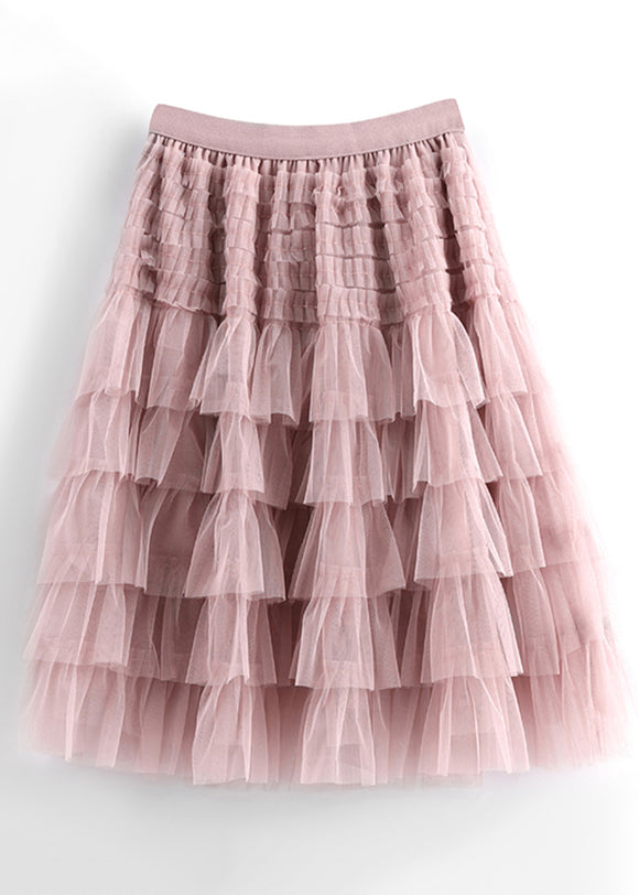 Pink Ruffled Tulle Summer Skirts Elastic Waist