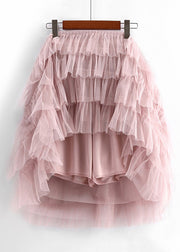 Pink Ruffled Tulle Summer Skirts Elastic Waist