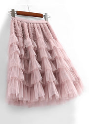 Pink Ruffled Tulle Summer Skirts Elastic Waist