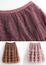 Pink Ruffled Tulle Summer Skirts Elastic Waist