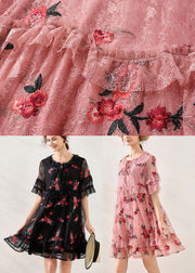 Pink Ruffles Lace Holiday Dresses Lace Up Embroideried Short Sleeve