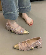 Pink Sequins Buckle Strap Splicing Chunky Heel Loafers