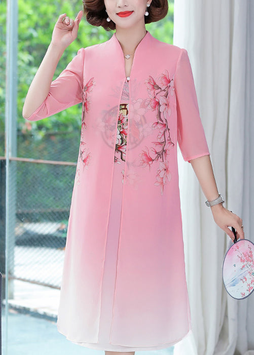Pink Side Open Chiffon Dresses Stand Collar Half Sleeve