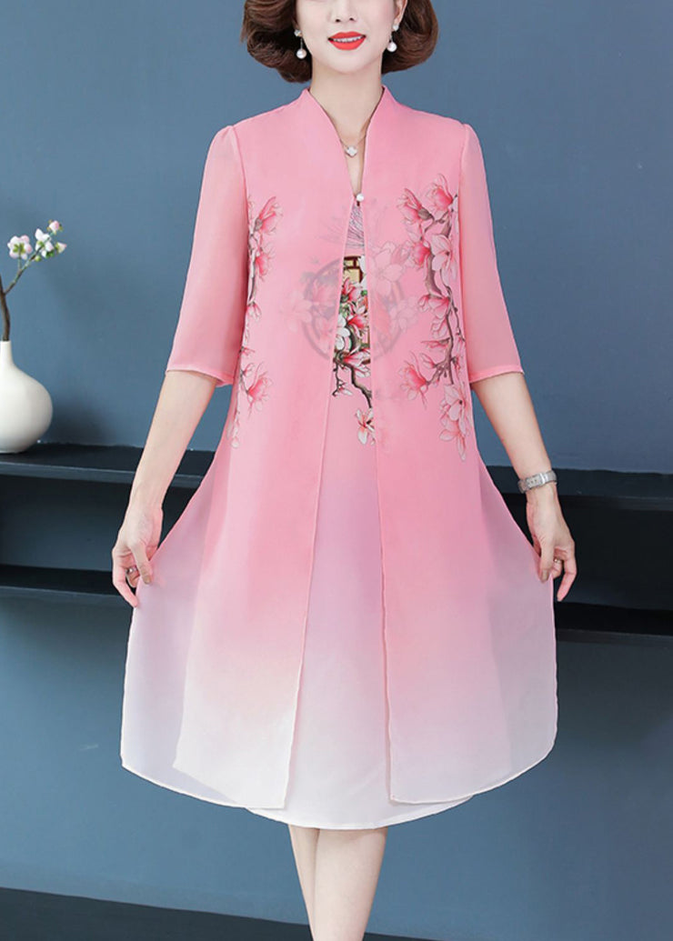 Pink Side Open Chiffon Dresses Stand Collar Half Sleeve