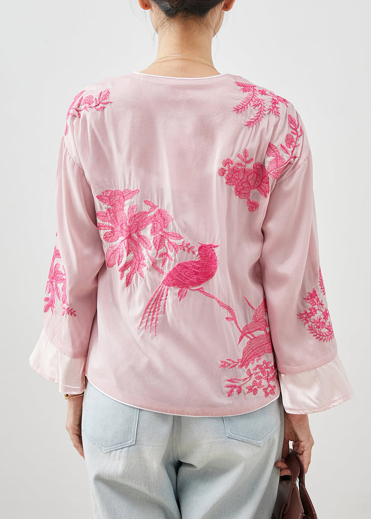 Pink Silk Blouse Tops Embroidered Tasseled Fall