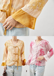 Pink Silk Blouse Tops Embroidered Tasseled Fall