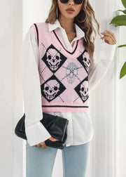 Pink Skull Cozy Patchwork Knit Vest V Neck Fall