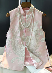 Pink Slim Fit Silk Vest Chinese Button Side Open Sleeveless