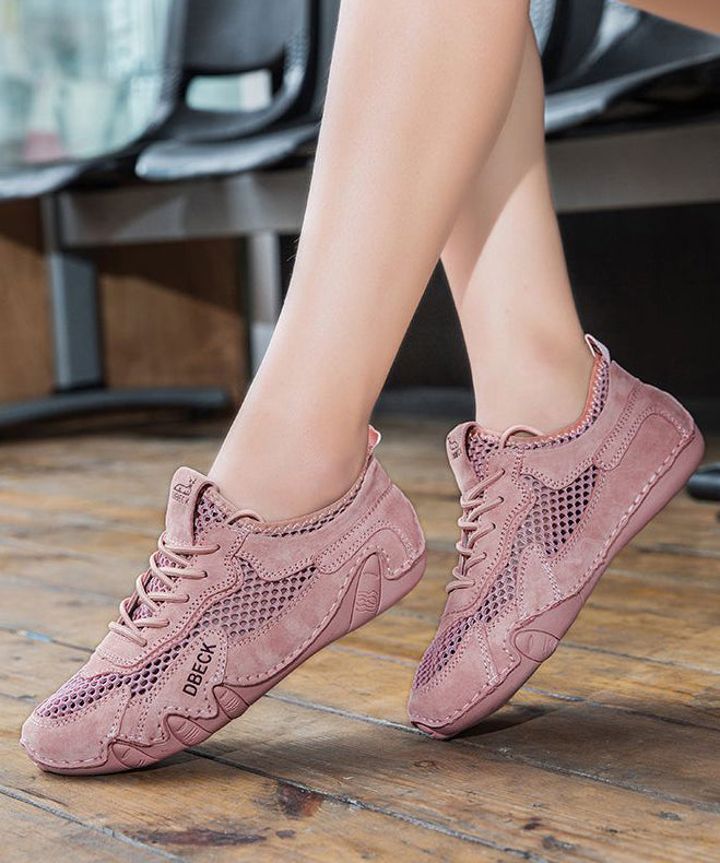 Pink Soft Cowhide Leather Breathable Mesh Flat Feet Shoes