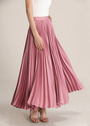 Pink Solid High Waist Silk Pleated Skirt Zippered