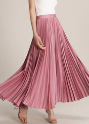 Pink Solid High Waist Silk Pleated Skirt Zippered