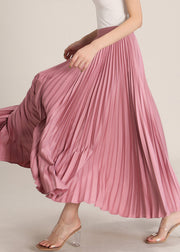 Pink Solid High Waist Silk Pleated Skirt Zippered