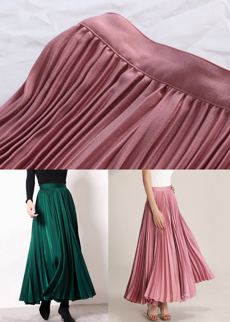 Pink Solid High Waist Silk Pleated Skirt Zippered