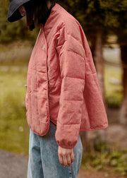 Pink Solid Pockets Cotton Filled Coats V Neck Spring