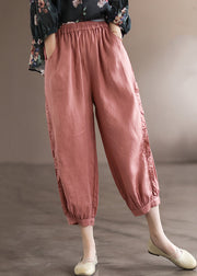 Pink Solid Pockets Linen Crop Pants Elastic Waist