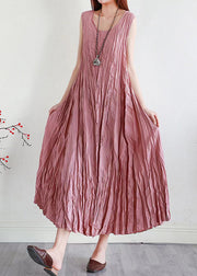 Pink Solid Silk Linen Long Dress O Neck Summer