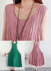 Pink Solid Silk Linen Long Dress O Neck Summer