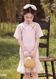 Pink Stand Collar Button Girls Maxi Dress Short Sleeve