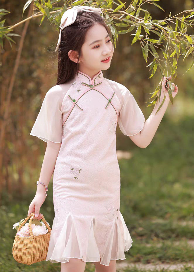 Pink Stand Collar Button Girls Maxi Dress Short Sleeve