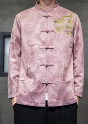 Pink Stand Collar Button Mens Coats Long Sleeve