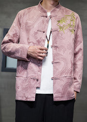 Pink Stand Collar Button Mens Coats Long Sleeve