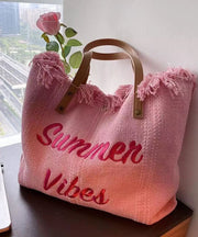 Pink Tassel Patchwork Letter Embroidery Canvas Tote Handbag