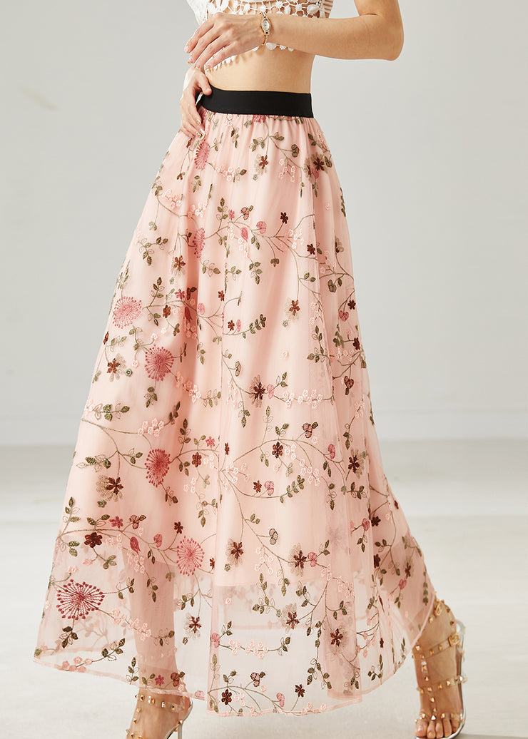 Pink Tulle A Line Skirts Embroidered Summer