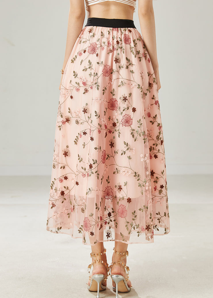 Pink Tulle A Line Skirts Embroidered Summer
