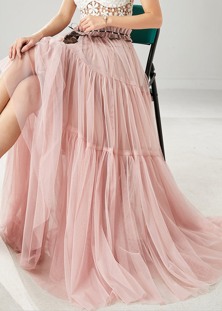 Pink Tulle Beach Skirts Embroidered Ruffled Spring