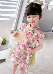 Pink Tulle Patchwork Button Kids Mid Dresses Short Sleeve