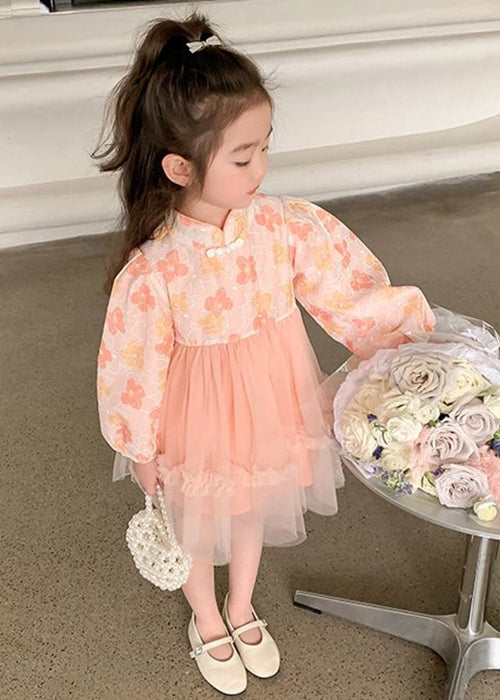 Pink Tulle Patchwork Girls Dress Ruffled Long Sleeve