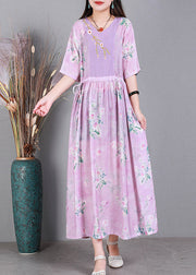 Pink V Neck  Embroideried Drawstring Tie Waist Silk Vacation Dresses Short Sleeve