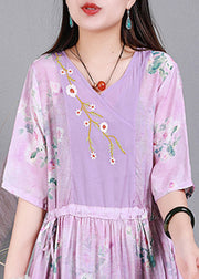 Pink V Neck  Embroideried Drawstring Tie Waist Silk Vacation Dresses Short Sleeve