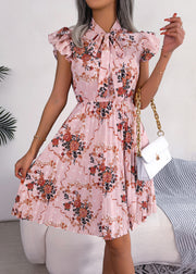 Pink Wrinkled Cotton Mid Dress Lace Up Summer