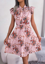 Pink Wrinkled Cotton Mid Dress Lace Up Summer