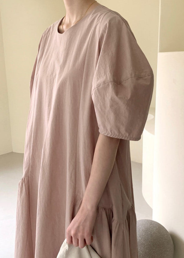 Pink Wrinkled Cozy Long Dresses Short Sleeve