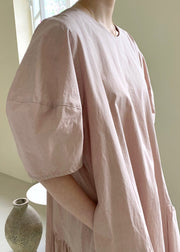 Pink Wrinkled Cozy Long Dresses Short Sleeve