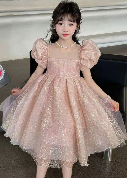 Pink Zippered Lace Up Tulle Girls Party Dress O Neck Short Sleeve