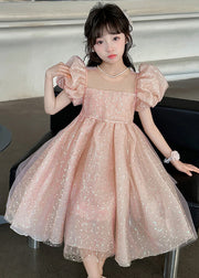 Pink Zippered Lace Up Tulle Girls Party Dress O Neck Short Sleeve