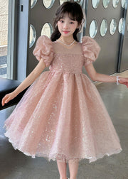 Pink Zippered Lace Up Tulle Girls Party Dress O Neck Short Sleeve