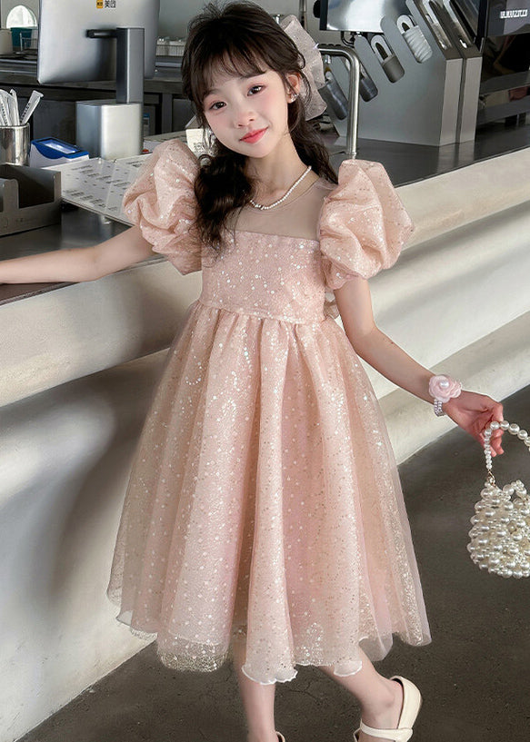 Pink Zippered Lace Up Tulle Girls Party Dress O Neck Short Sleeve