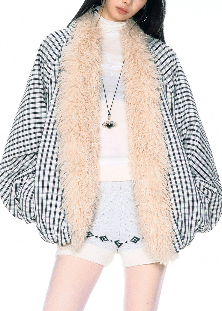 Plaid Pockets Patchwork Parkas Winter Fur Collar Spring